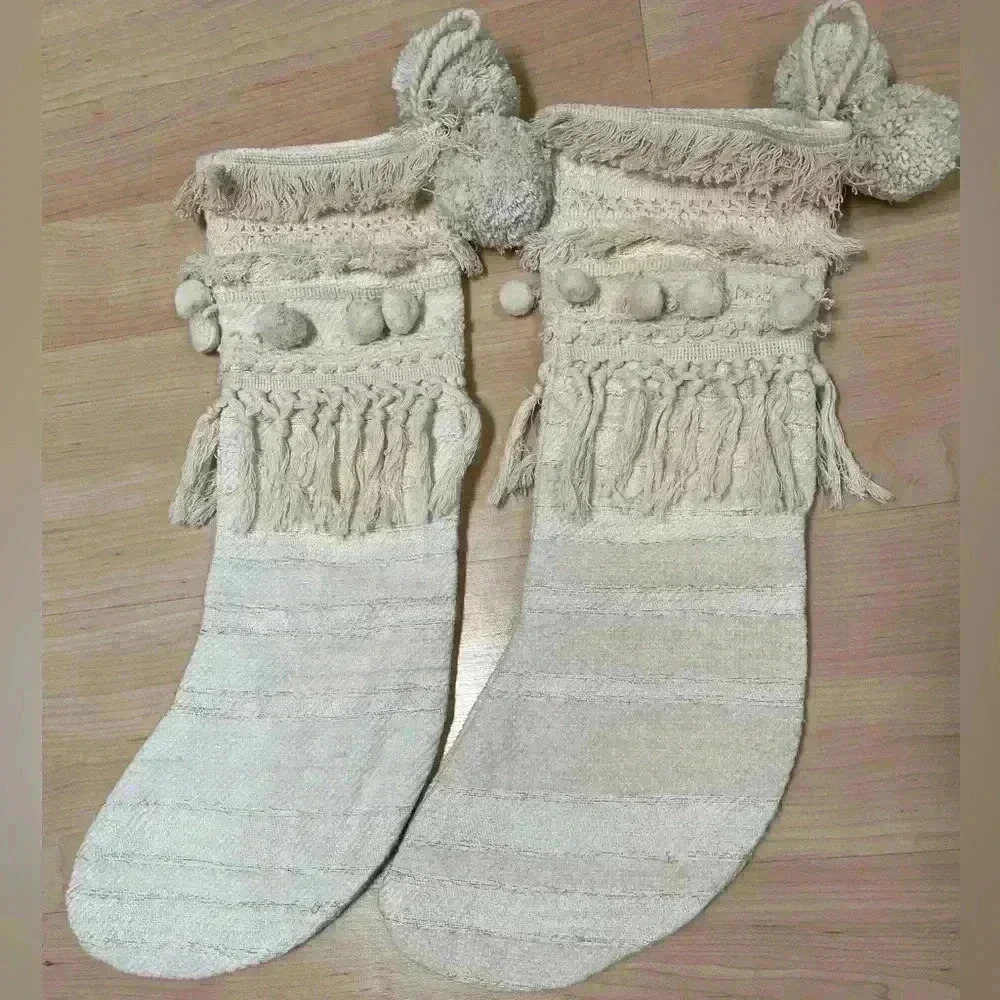 Pair Of Anthropology Ivory Christmas/Holiday Stockings With Pom/Pom And Tassels